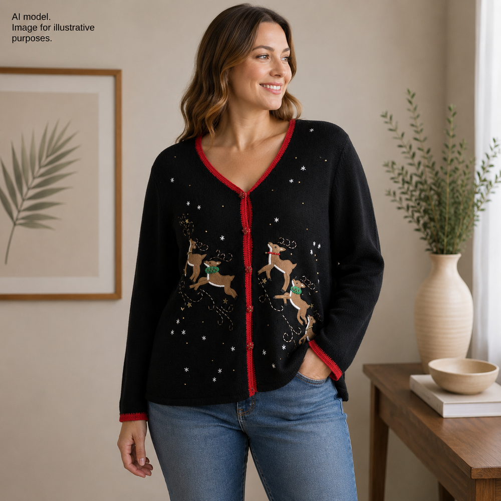 CB Career Sweater Womens Large Black Christmas Reindeer Cardigan Holiday